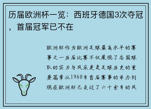 历届欧洲杯一览：西班牙德国3次夺冠，首届冠军已不在